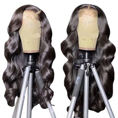 Yoyo Crown long body wave wig with brown highlights on a mannequin head, featuring a middle part and soft waves.