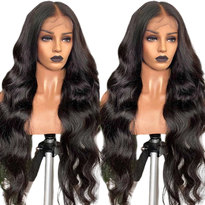 Yoyo Crown long body wave wig with brown highlights on a mannequin head featuring a natural middle part