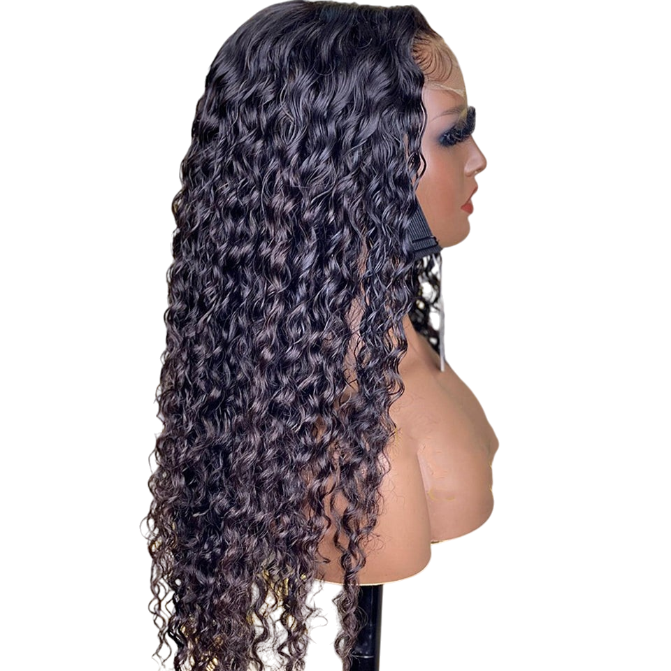 Yoyo Crown long black curly lace front human hair wig on a mannequin head showing a natural hairline and volume.