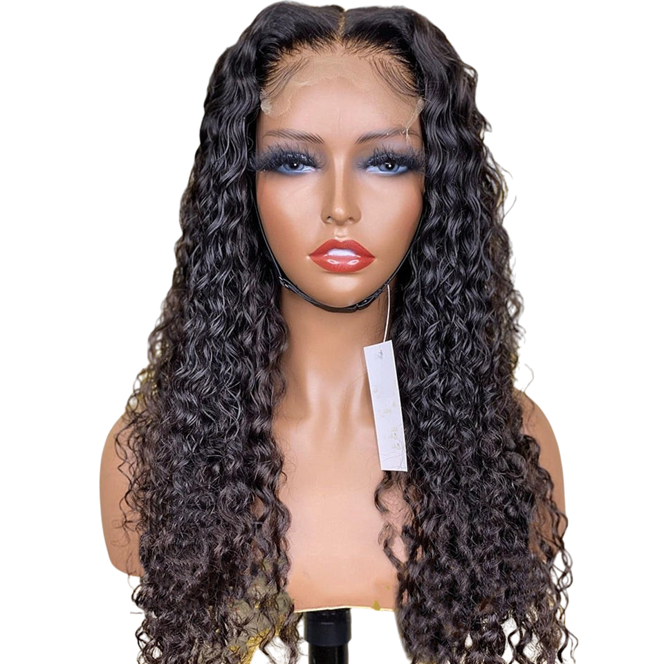 Yoyo Crown long black curly lace front human hair wig on a mannequin head with a natural-looking hairline