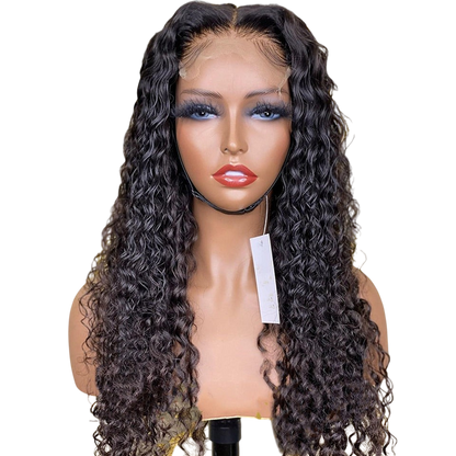 Yoyo Crown long black curly lace front human hair wig on a mannequin head with a natural-looking hairline