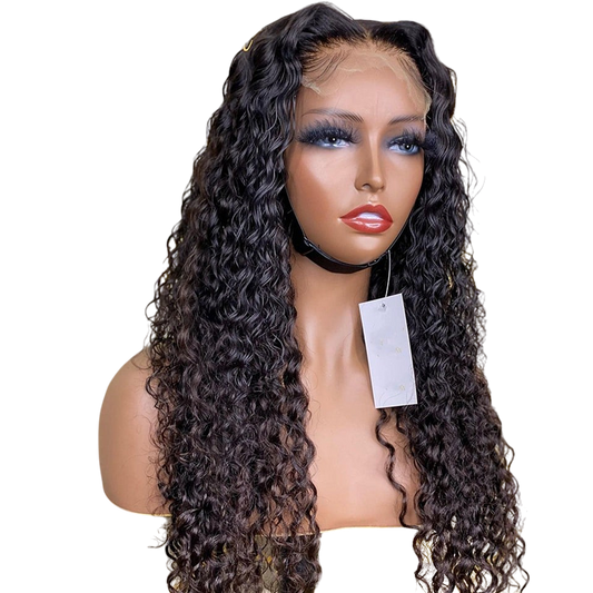 Yoyo Crown long curly lace front human hair wig on a mannequin with a natural-looking hairline and defined curls.
