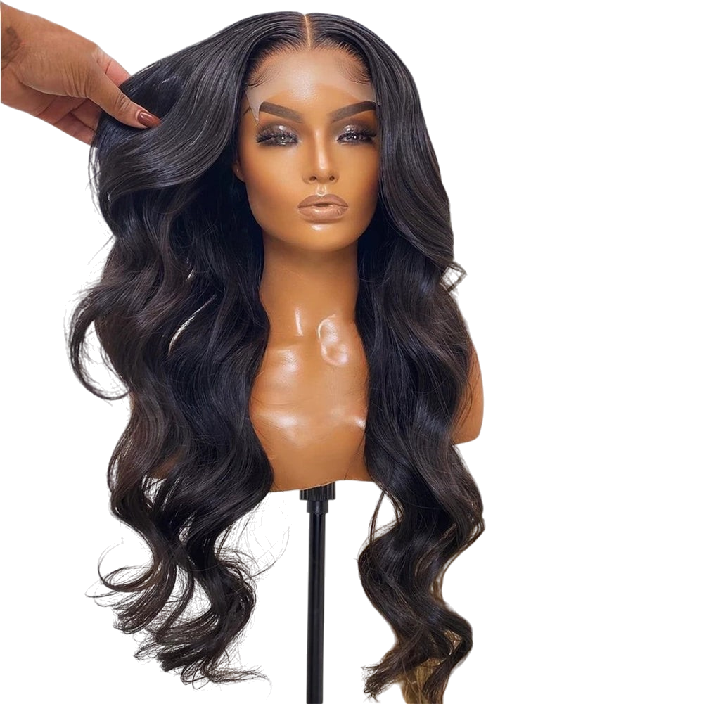 Yoyo Crown long deep wave wig in black and brown on a mannequin head with a natural lace front and voluminous curls