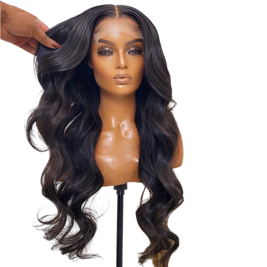 Yoyo Crown long deep wave wig in black and brown on a mannequin head with a natural lace front and voluminous curls