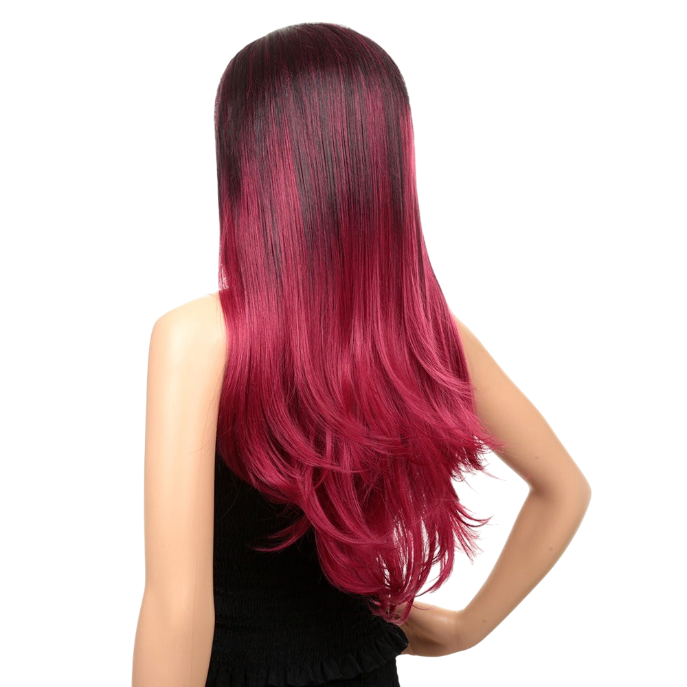 Yoyo Crown long straight magenta synthetic wig with dark roots seen from the back on a mannequin