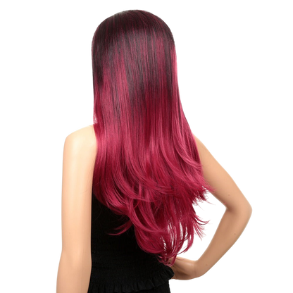 Yoyo Crown long straight magenta synthetic wig with dark roots seen from the back on a mannequin