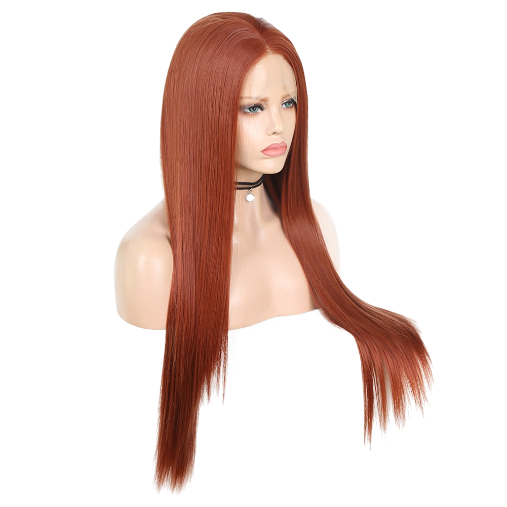 Yoyo Crown long straight auburn synthetic front lace wig on a mannequin head with a natural hairline