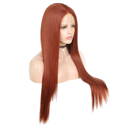 Yoyo Crown long straight auburn synthetic front lace wig on a mannequin head with a natural hairline