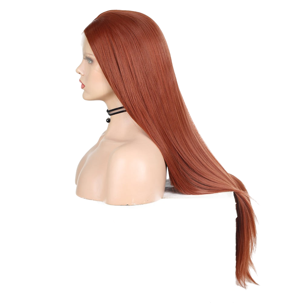 Yoyo Crown long straight auburn front lace wig with a natural hairline on a mannequin head, side profile view.