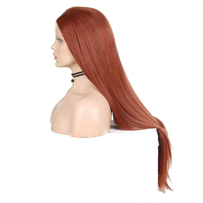 Yoyo Crown long straight auburn front lace wig with a natural hairline on a mannequin head, side profile view.