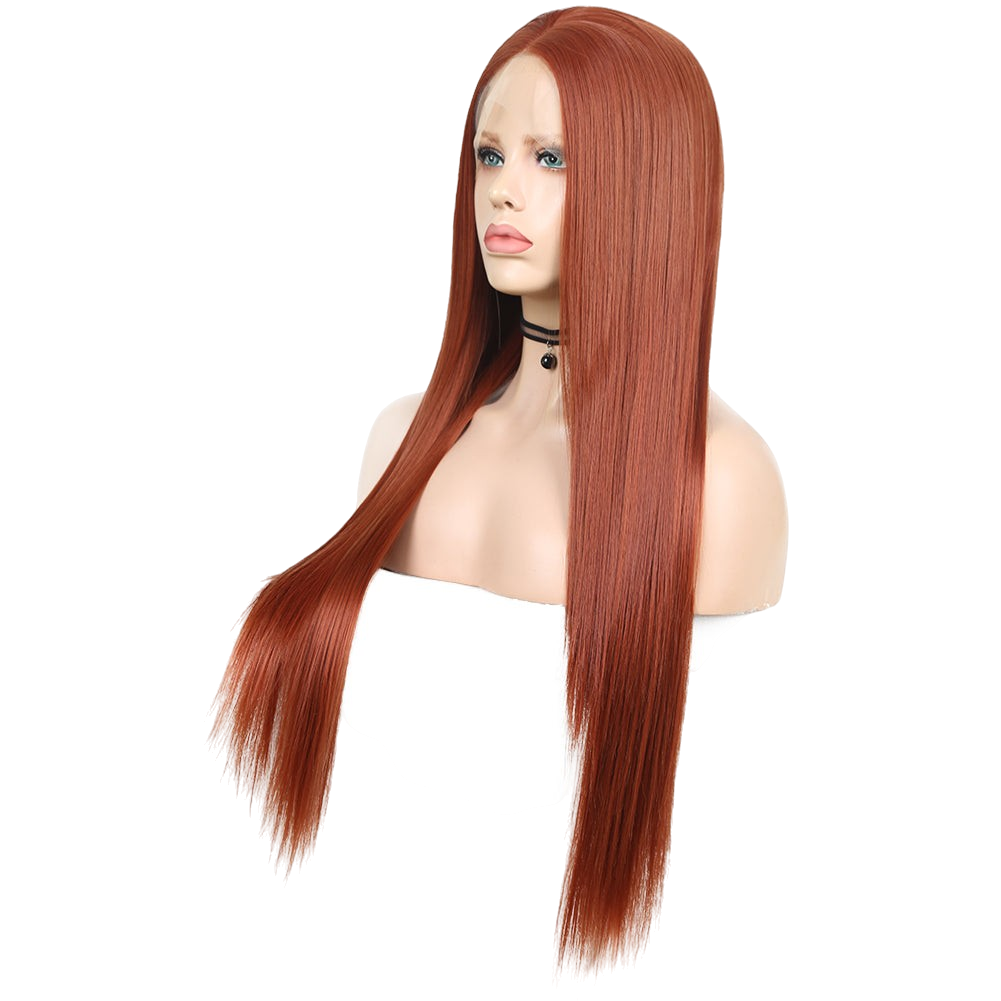 Yoyo Crown long straight auburn synthetic front lace wig on a mannequin head with a natural hairline