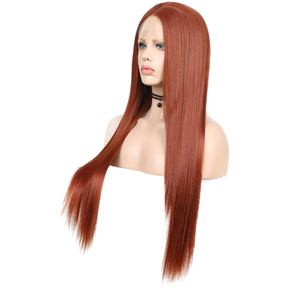 Yoyo Crown long straight auburn synthetic front lace wig on a mannequin head with a natural hairline