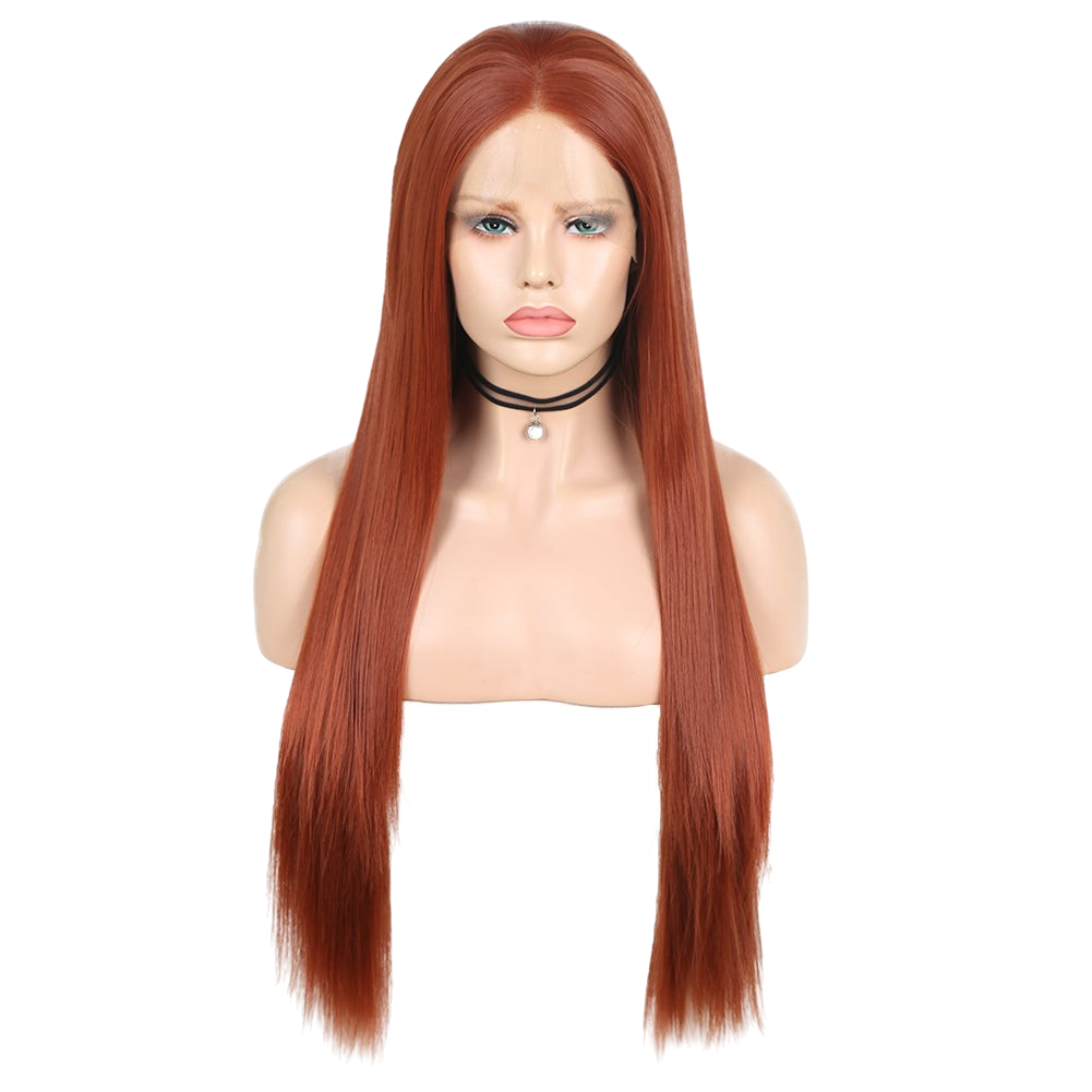 Yoyo Crown long straight auburn front lace wig with a natural hairline on a mannequin head