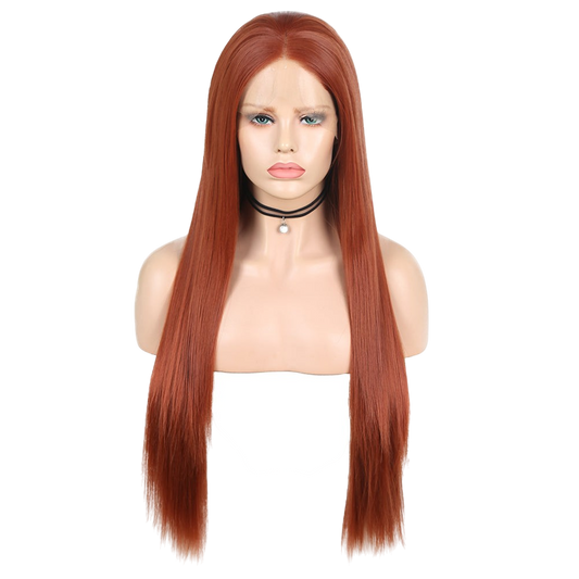 Yoyo Crown long straight auburn front lace wig with a natural hairline on a mannequin head