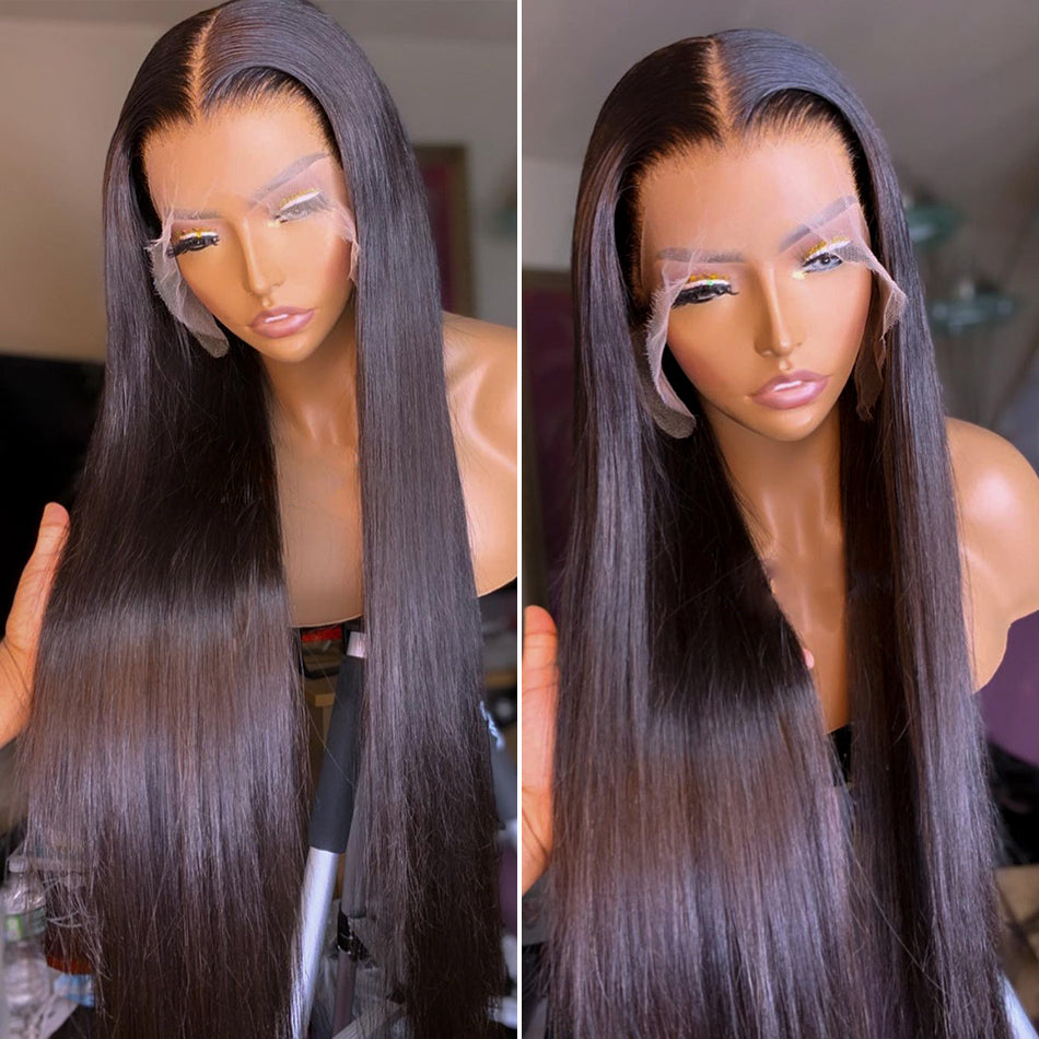 Yoyo Crown long straight black human hair lace front wig with a natural hairline on a mannequin head