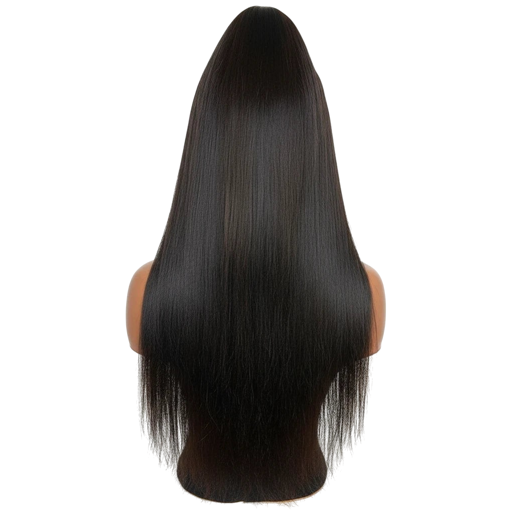 Yoyo Crown long straight black human hair lace front wig on a mannequin head, back view showing silky texture.