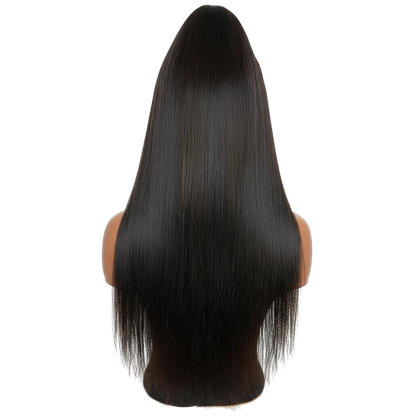 Yoyo Crown long straight black human hair lace front wig on a mannequin head, back view showing silky texture.