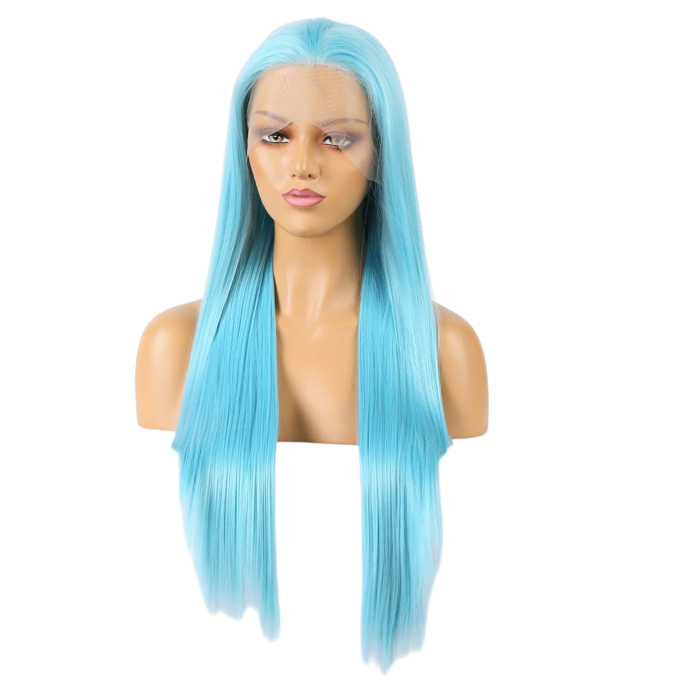 Yoyo Crown long straight sky-blue synthetic lace front wig on a mannequin head with a natural-looking hairline.