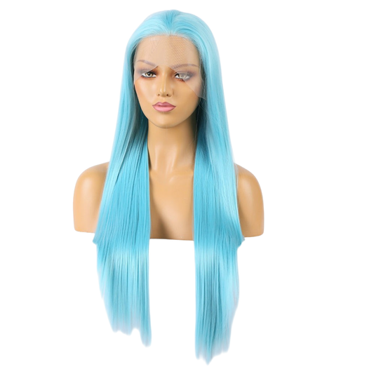 Yoyo Crown long straight sky-blue synthetic lace front wig on a mannequin head with a natural-looking hairline.