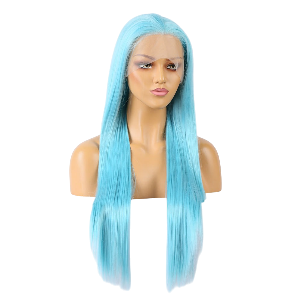 Yoyo Crown long straight sky-blue synthetic lace front wig on a mannequin head with a natural-looking hairline.