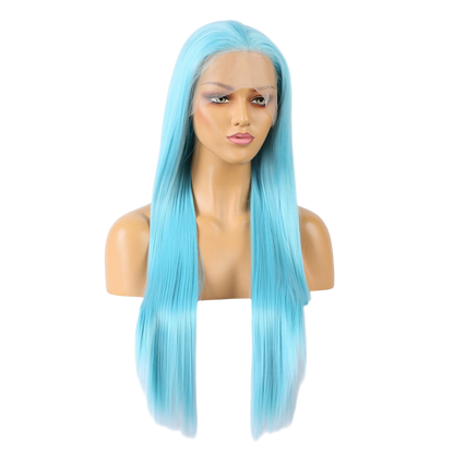 Yoyo Crown long straight sky-blue synthetic lace front wig on a mannequin head with a natural-looking hairline.