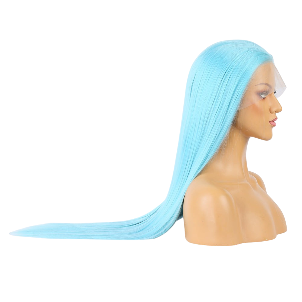 Yoyo Crown long straight sky-blue synthetic lace front wig on a mannequin head, side profile view.
