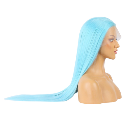 Yoyo Crown long straight sky-blue synthetic lace front wig on a mannequin head, side profile view.