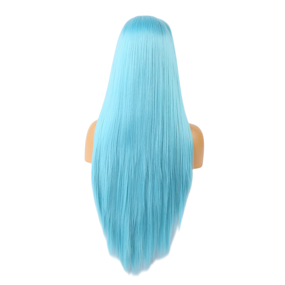 Yoyo Crown long straight sky-blue synthetic lace front wig viewed from the back on a mannequin head