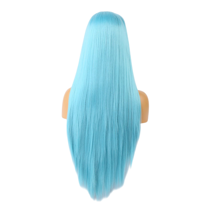 Yoyo Crown long straight sky-blue synthetic lace front wig viewed from the back on a mannequin head