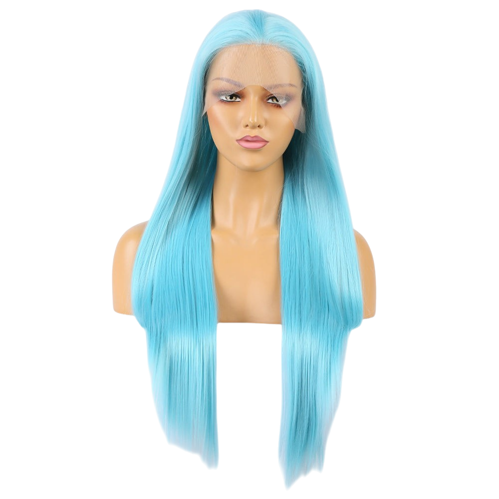 Yoyo Crown long straight sky-blue synthetic lace front wig on a mannequin head with a natural-looking hairline.