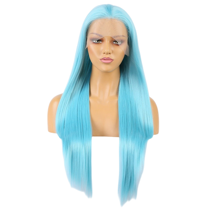 Yoyo Crown long straight sky-blue synthetic lace front wig on a mannequin head with a natural-looking hairline.
