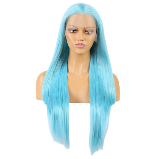 Yoyo Crown long straight sky-blue synthetic lace front wig on a mannequin head with a natural-looking hairline.