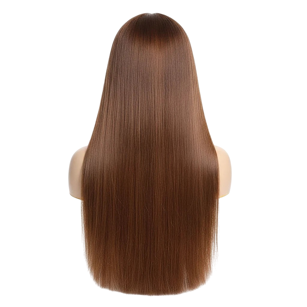 Yoyo Crown long straight brown human hair wig on a mannequin head, back view showing smooth silky texture.