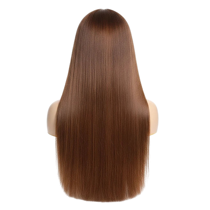 Yoyo Crown long straight brown human hair wig on a mannequin head, back view showing smooth silky texture.