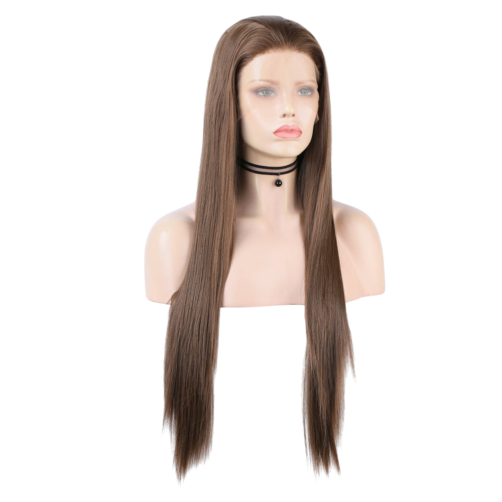 Yoyo Crown long straight brown synthetic lace front wig on a mannequin head with a natural-looking hairline.