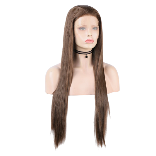 Yoyo Crown long straight brown synthetic lace front wig on a mannequin head with a natural-looking hairline.