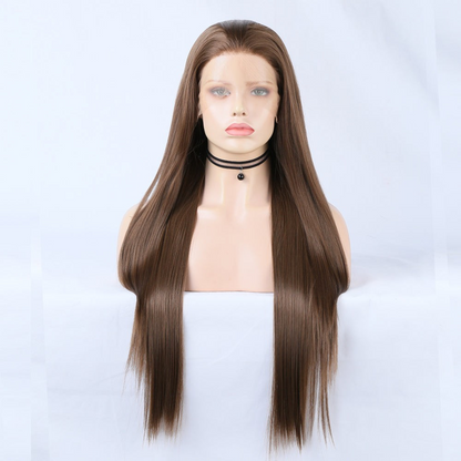 Yoyo Crown long straight brown synthetic lace front wig on a mannequin head with a natural-looking hairline