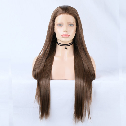Yoyo Crown long straight brown synthetic lace front wig on a mannequin head with a natural-looking hairline