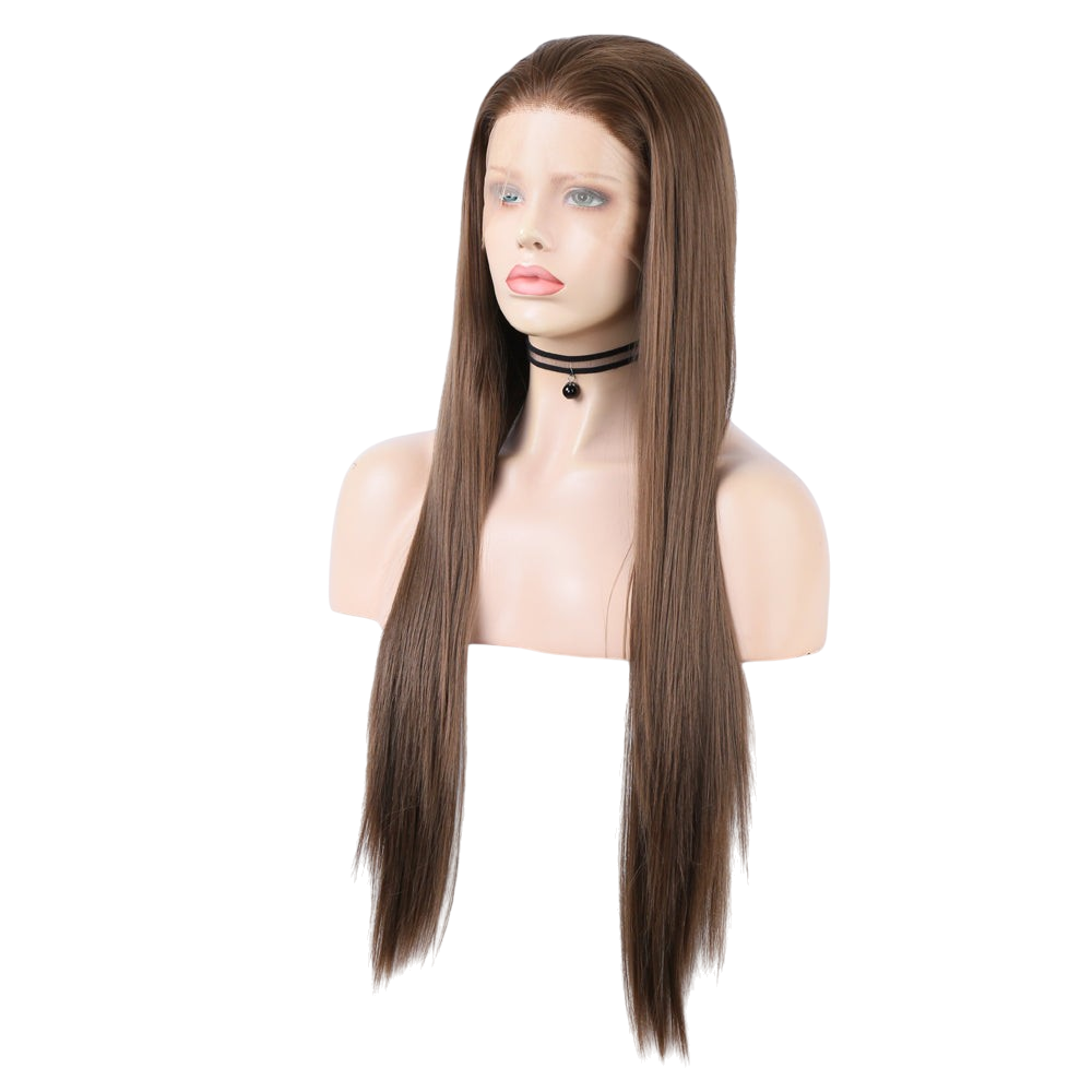 Yoyo Crown long straight brown synthetic lace front wig on a mannequin head with a natural-looking hairline.