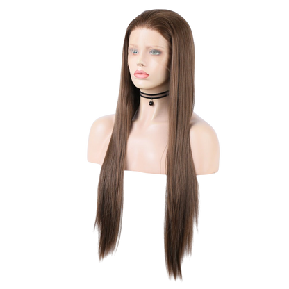 Yoyo Crown long straight brown synthetic lace front wig on a mannequin head with a natural-looking hairline.