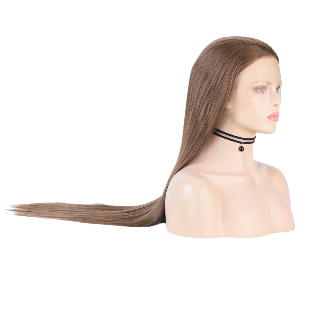 Yoyo Crown long straight brown synthetic lace front wig on a mannequin head with a natural-looking hairline.