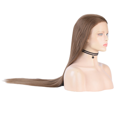 Yoyo Crown long straight brown synthetic lace front wig on a mannequin head with a natural-looking hairline.