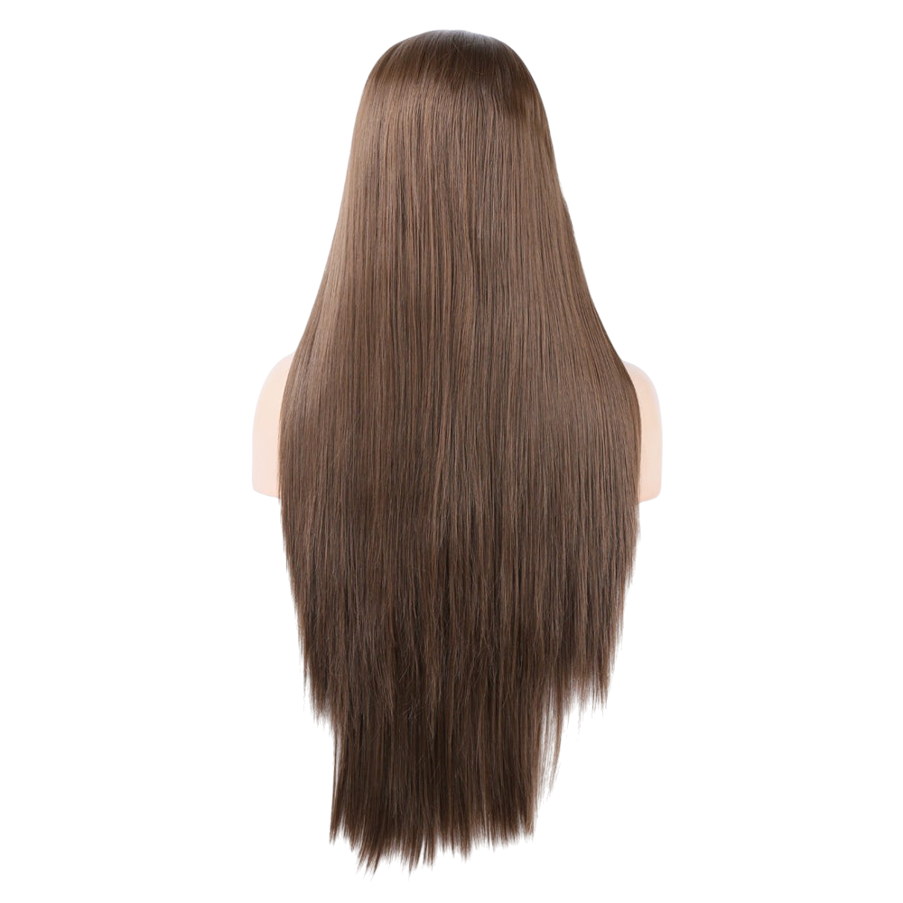Yoyo Crown long straight brown synthetic lace front wig viewed from the back on a mannequin head