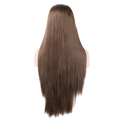 Yoyo Crown long straight brown synthetic lace front wig viewed from the back on a mannequin head