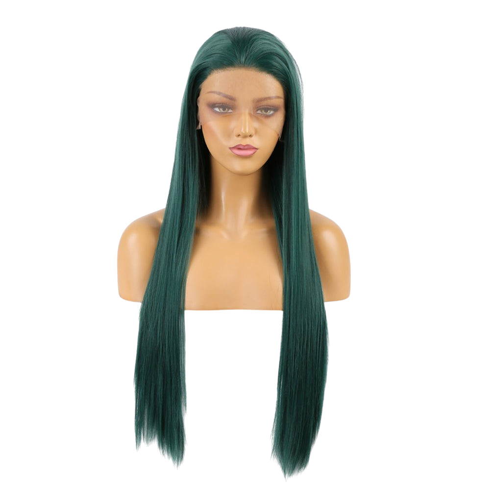 Yoyo Crown long straight forest green synthetic lace front wig on a mannequin head