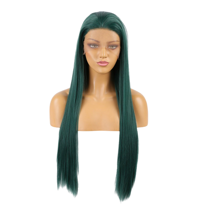 Yoyo Crown long straight forest green synthetic lace front wig on a mannequin head