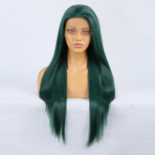 Yoyo Crown long straight forest green synthetic lace front wig on a mannequin head with a natural hairline