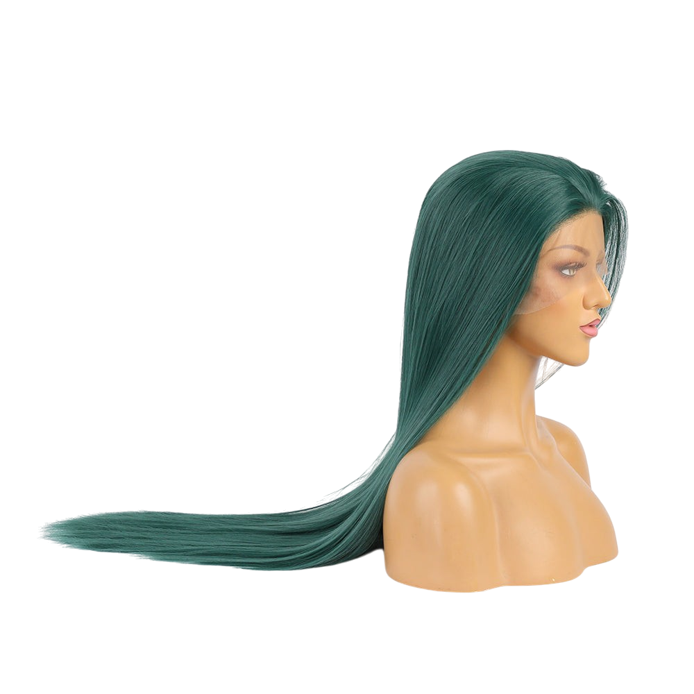 Yoyo Crown long straight forest green synthetic lace front wig on a mannequin head, side profile view.