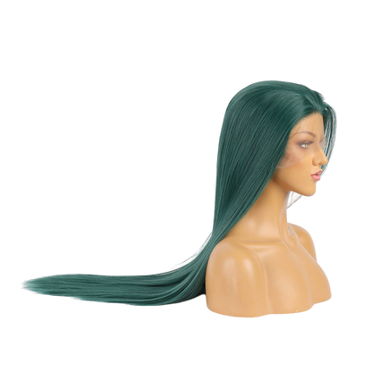 Yoyo Crown long straight forest green synthetic lace front wig on a mannequin head, side profile view.