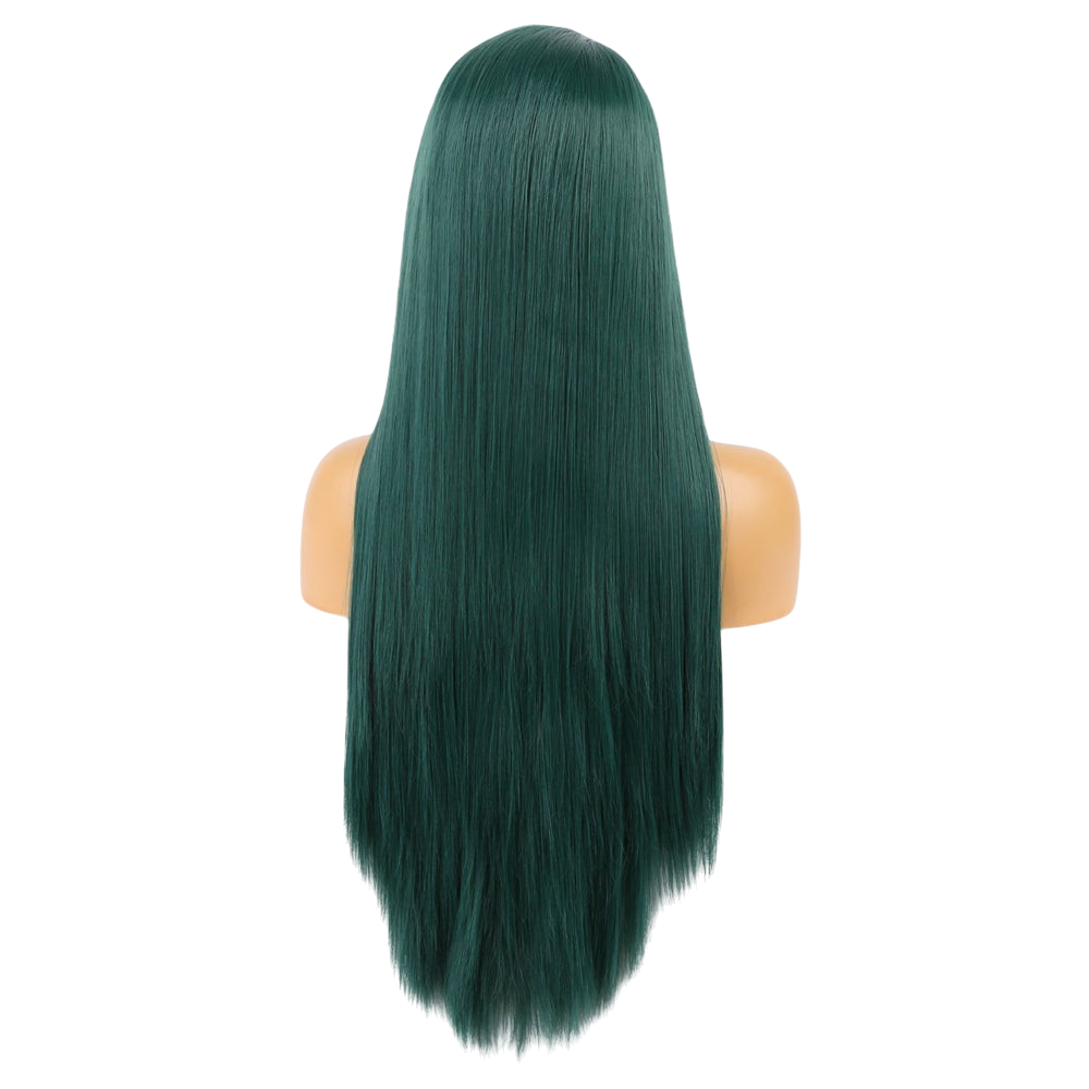 Yoyo Crown long straight forest green synthetic lace front wig shown from the back on a mannequin head
